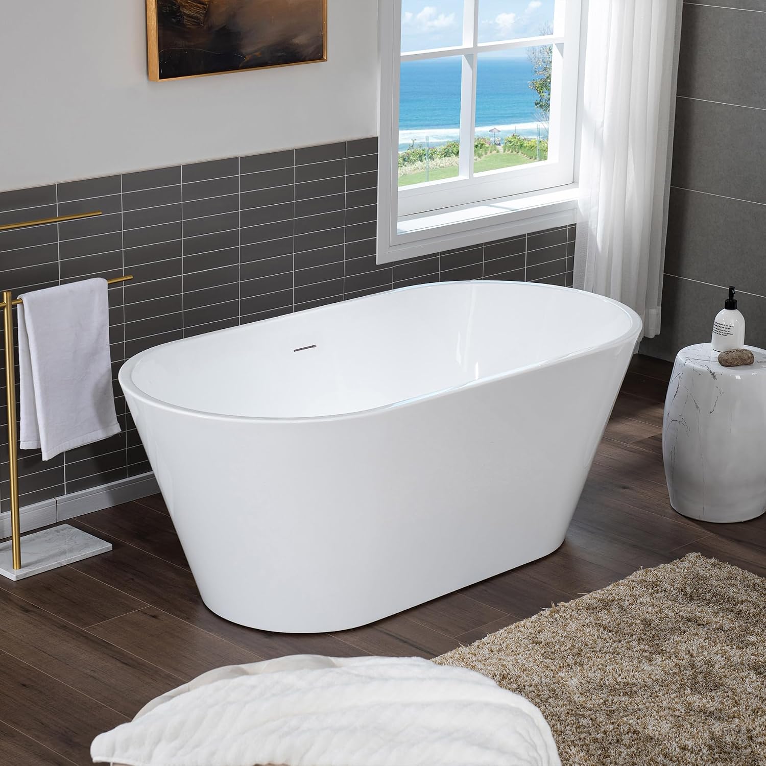 WOODBRIDGE 59 X 29.5 X 22.8' freestanding soaking bathtub with matte black drain included, White WE009