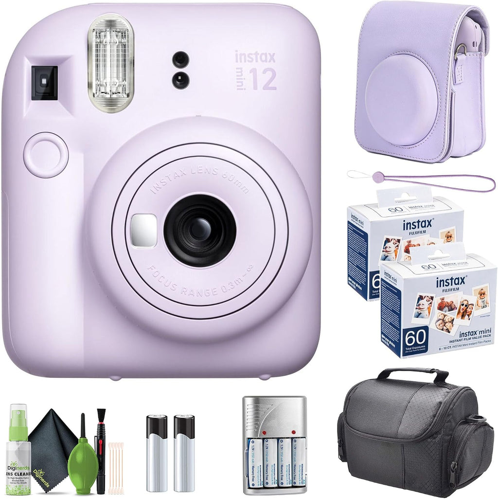 FUJIFILM INSTAX MINI 12 Film Camera Lilac Purple with Fuji Value Pack Instant Film - 60 Photo Sheets with Camera Case and Accessories Ideal Gift for Kids, Teenage Girl & Adults