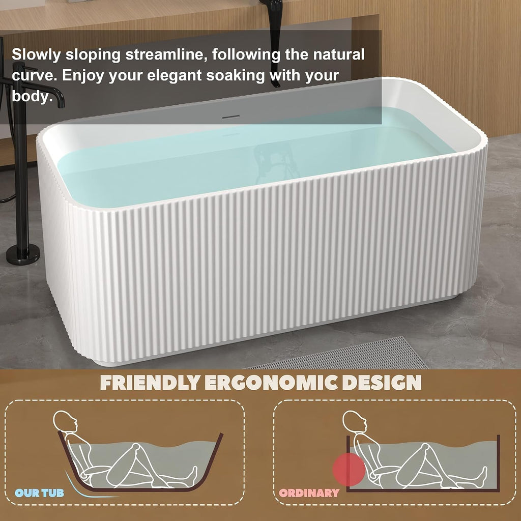 59' Freestanding Bathtub, Rectangle Linear Acrylic Soaking Tub with Chrome Pop-Up Drain, Glossy White Stand Alone Soaker Tub, Double Wall Insulated, Modern Luxury Bathroom Tub