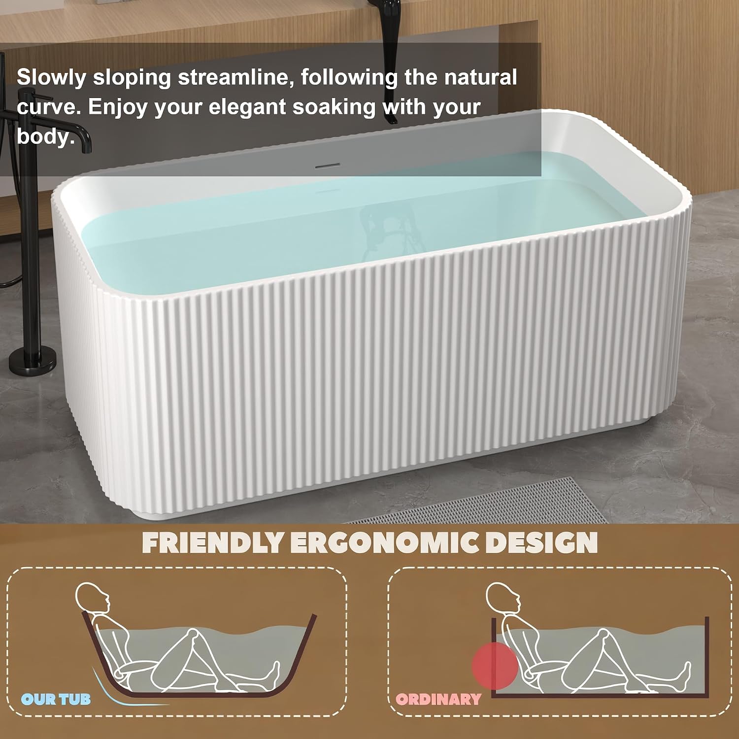 59' Freestanding Bathtub, Rectangle Linear Acrylic Soaking Tub with Chrome Pop-Up Drain, Glossy White Stand Alone Soaker Tub, Double Wall Insulated, Modern Luxury Bathroom Tub
