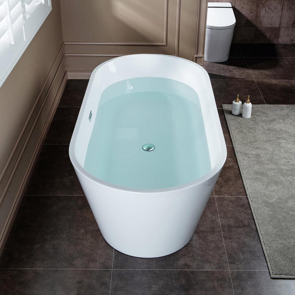 WOODBRIDGE 67' Acrylic Freestanding Bathtub Contemporary Soaking White Tub with Chrome Overflow and Drain
