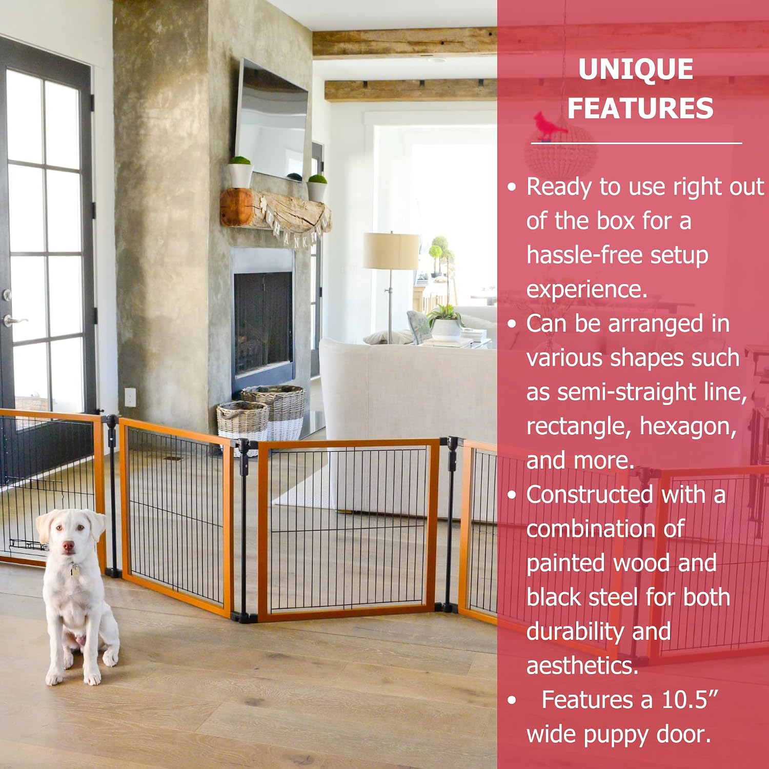 Cardinal Gates Pet Gate - Dog Playpen Indoor - Pet/Puppy Exercise Pen Great for Containment - 5 Fixed Panels and One 2-Part Panel with a Latch - Highly Configurable - USA Based