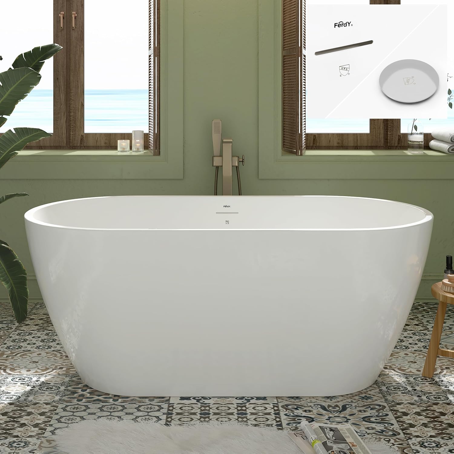 FerdY 59' Bali Elite Acrylic Freestanding Bathtub, Gracefully Shaped Freestanding Soaking Bathtub, cUPC Certified, Toe-Tap Chrome Drain and Minimalist Linear Design Overflow Included