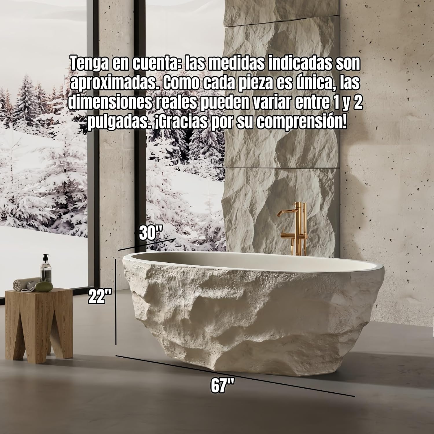 67' Edeyeu Freestanding Bathtub – Luxury Soaking Tub de Piedra Natural con Diseño Profundo y Artesanal, Solid Surface Bathtub Esculpida para Confort Premium y Baños de Estilo Moderno Color de la roca