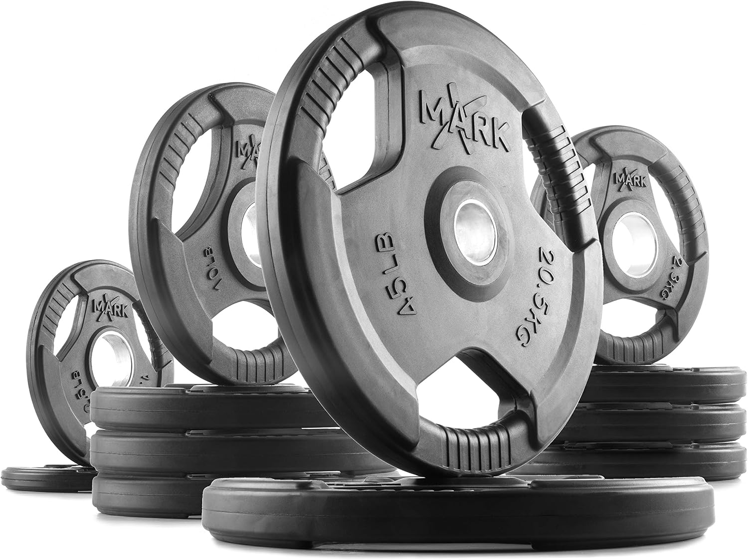 XMARK TRI-GRIP Pair or Set of Olympic Weight Plates, Rubber Coated Exercise Weights for Olympic Barbell, Strength Training Weight Set for Home Gym