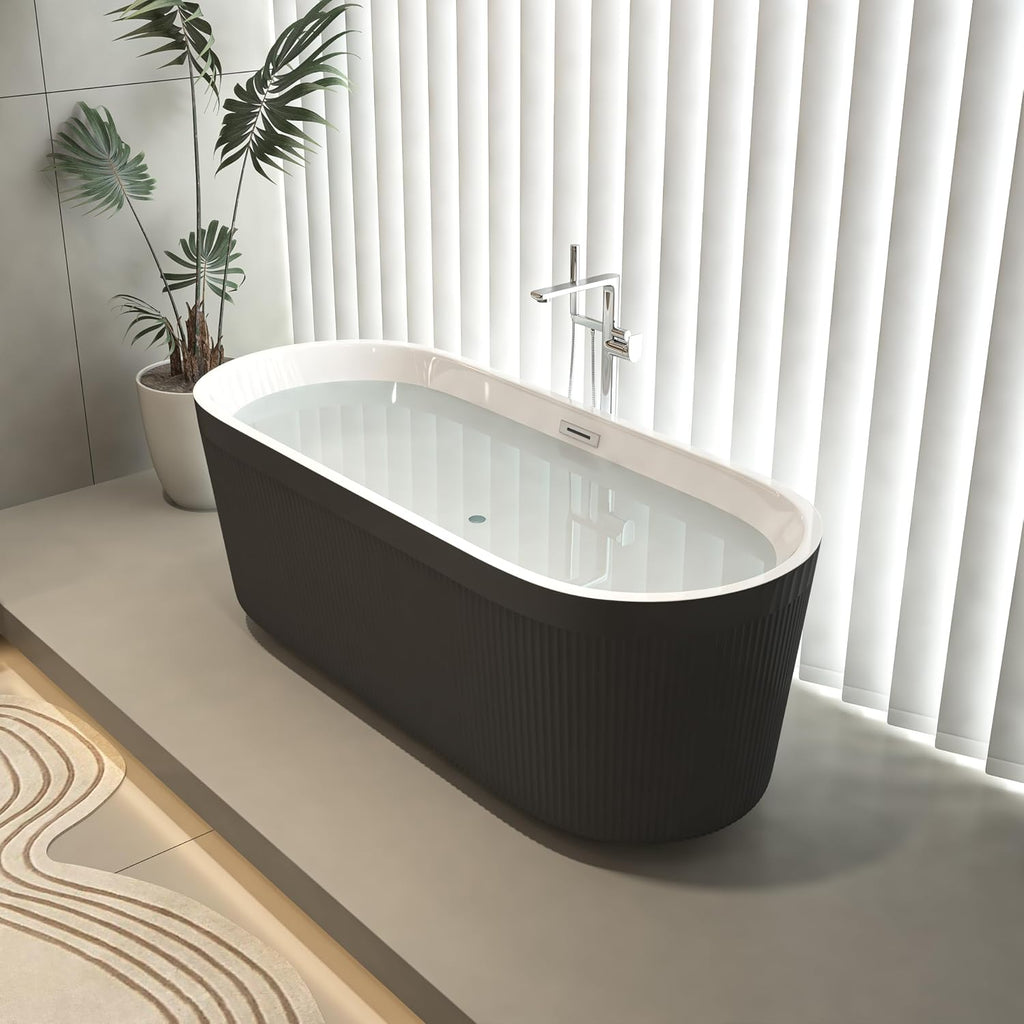 59' Acrylic Freestanding Bathtub with Unique Pleated Design: Spacious Oval Shape, Gloss Black Finish, Chrome Overflow & Pop-Up Drain