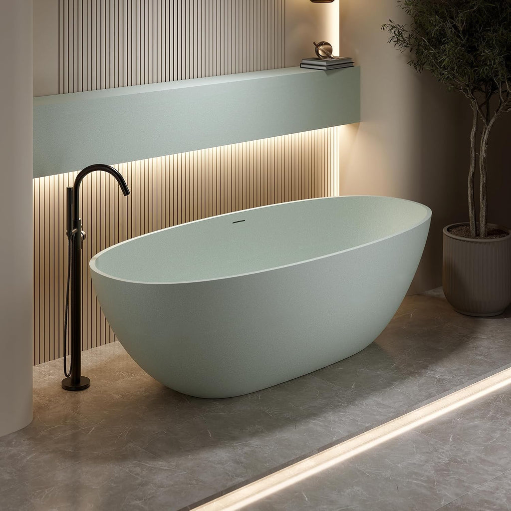 59'' Freestanding Bathtub Resin Stone Soaking Bathtub Solid Tubs with Overflow and Pop up Drain