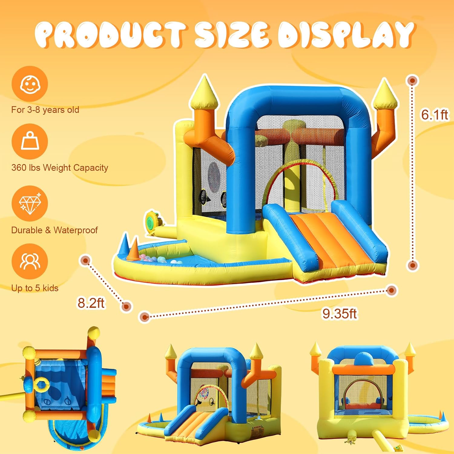 Inflatable Bounce House for Kids Ages 3-8,9.35FT Bouncy House for Kids with Jumping Area, Basketball Hoop, 370W Air Blower, Mini Bounce House for Boys Girls Backyard Birthday Party Gifts