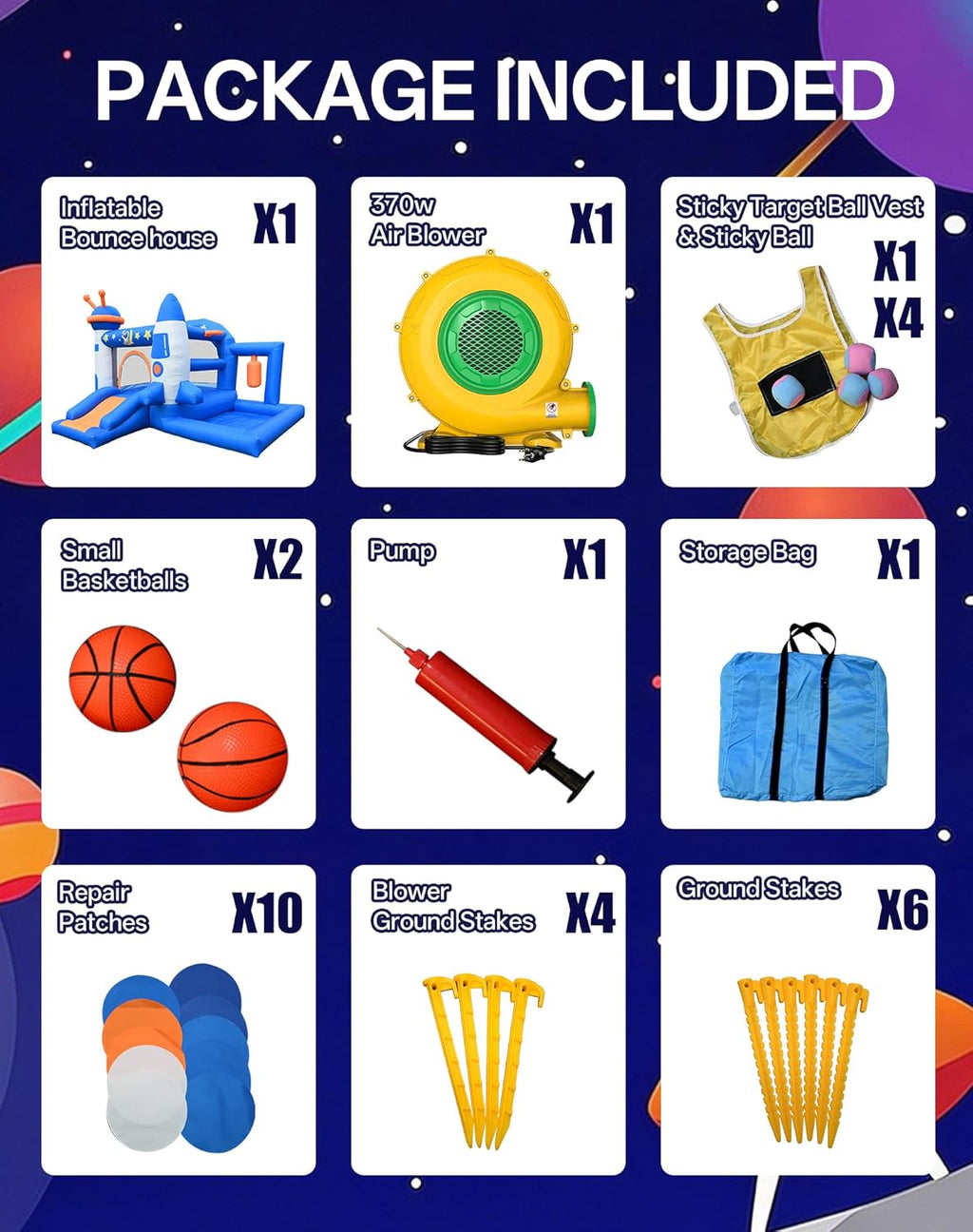 Kid Bounce House, Space Rocket Theme Inflatable Bounce House for 3-6 with 370W Blower, Basketball Hoop, Slide, Ball Pit (Balls Not Included), Storage Bag, Bouncy Castle for Indoor Outdoor Use