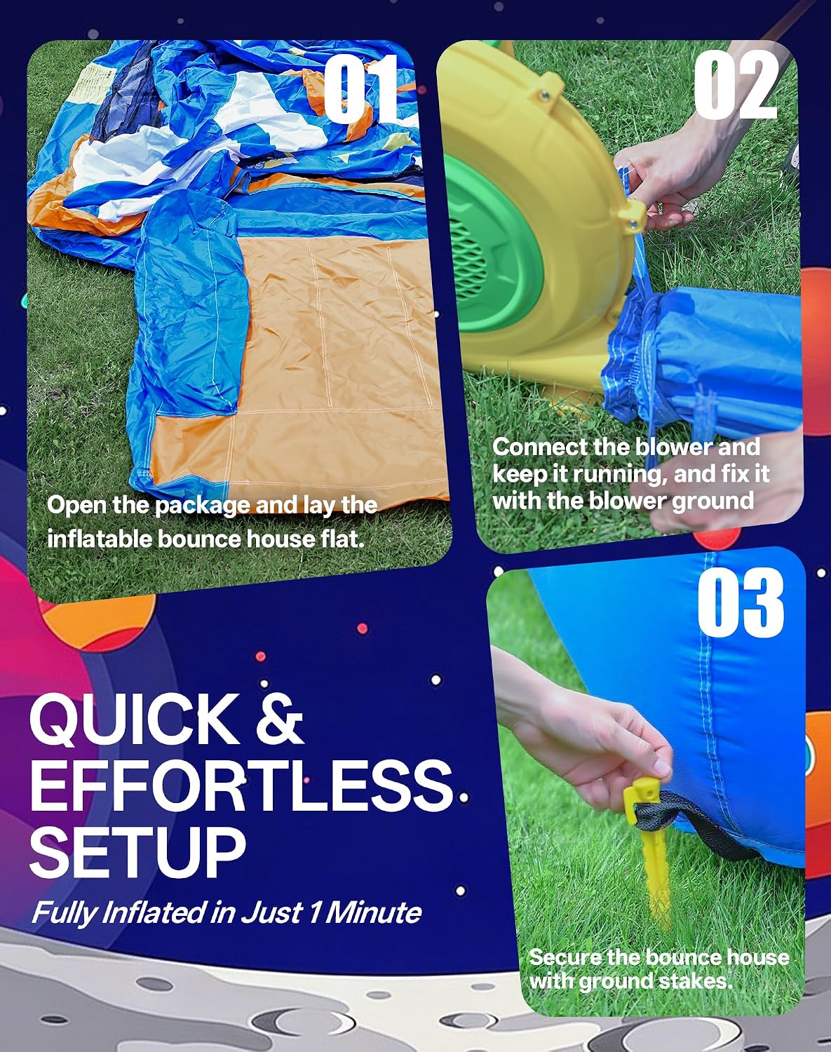 Kid Bounce House, Space Rocket Theme Inflatable Bounce House for 3-6 with 370W Blower, Basketball Hoop, Slide, Ball Pit (Balls Not Included), Storage Bag, Bouncy Castle for Indoor Outdoor Use