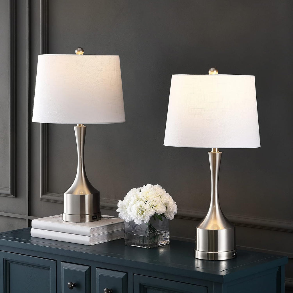 Eyely EYL4045B-SET2 Eliza 26' Classic French Country Iron LED Table Lamp w/USB Charge Port for Reading Room, Living Room, Office, Bedroom,Farmhouse, French Country, Coastal, Nickel (Set of 2)