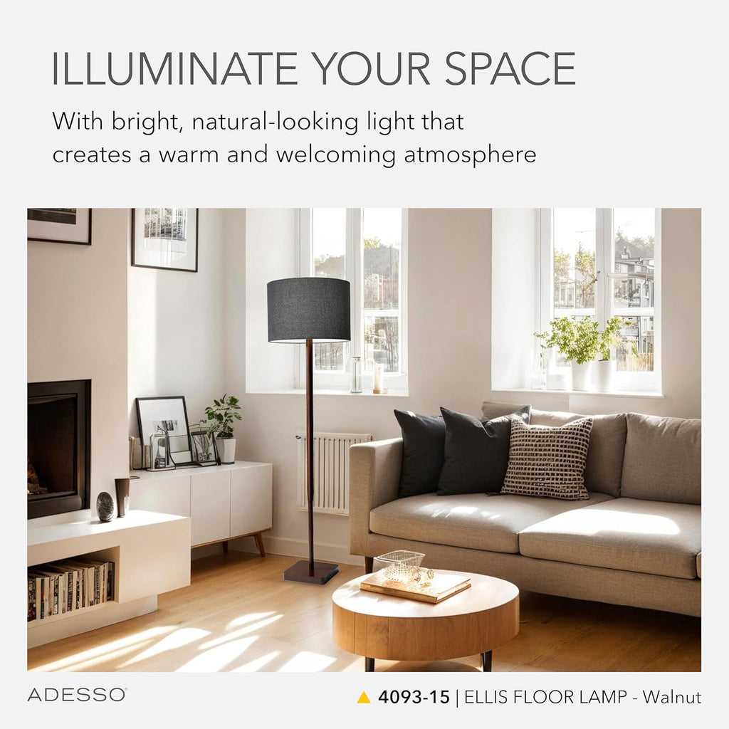 Adesso Floor Lamp with Walnut Rubberwood Base and Grey Fabric Lampshade – 58.5' x 16', 3-Way Adjustable Brightness, Lamp for Bedroom, Living Room, and House Decor