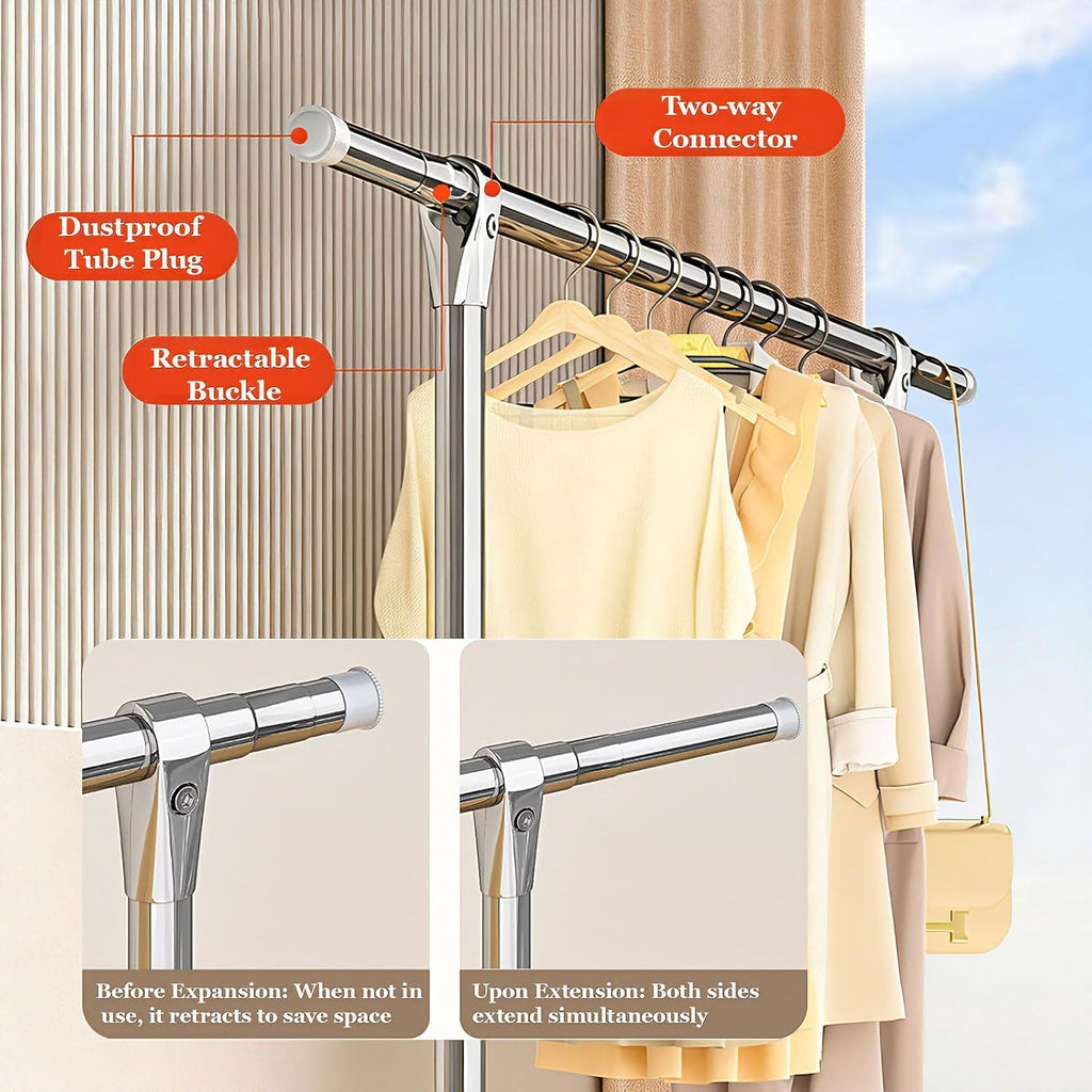 Garment Rack with Wheels, Adjustable Chrome Clothes Rack for Hanging Clothes, Portable Rolling Clothing Rack with Lockable Casters forBedroom,Silver,16.5x78.7x42in