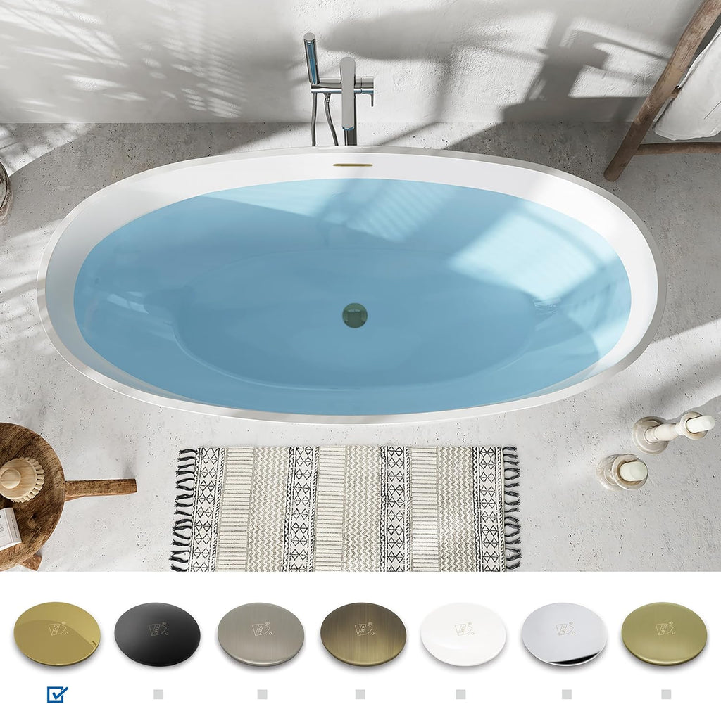 FerdY 67' Acrylic Freestanding Bathtub, Contemporary Soaking tub with Polished Gold Drain & Overflow, cUPC Certified, Elegant Oval Shape, Tahiti