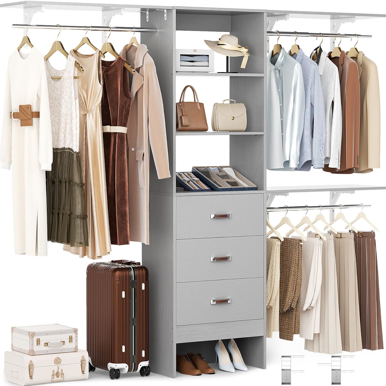 Closet System with 3 Drawers - 8FT Wood Closet Organizer with 3 Shelving Tower & Hanging Rods, 96' Walk-in Wardrobe Closet Organizer System for 4-8FT Spaces, Heavy Duty Garment Clothes Rack, Grey