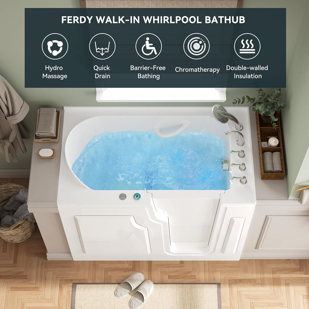 FerdY 55' x 33' Walk-in Whirlpool Bathtub with Right-Side Door Opening, 16 Air & Water Jets, Quick Fill and Drain System, Shower Combo with Rectangular Soaking Bathtub in White, Floridian