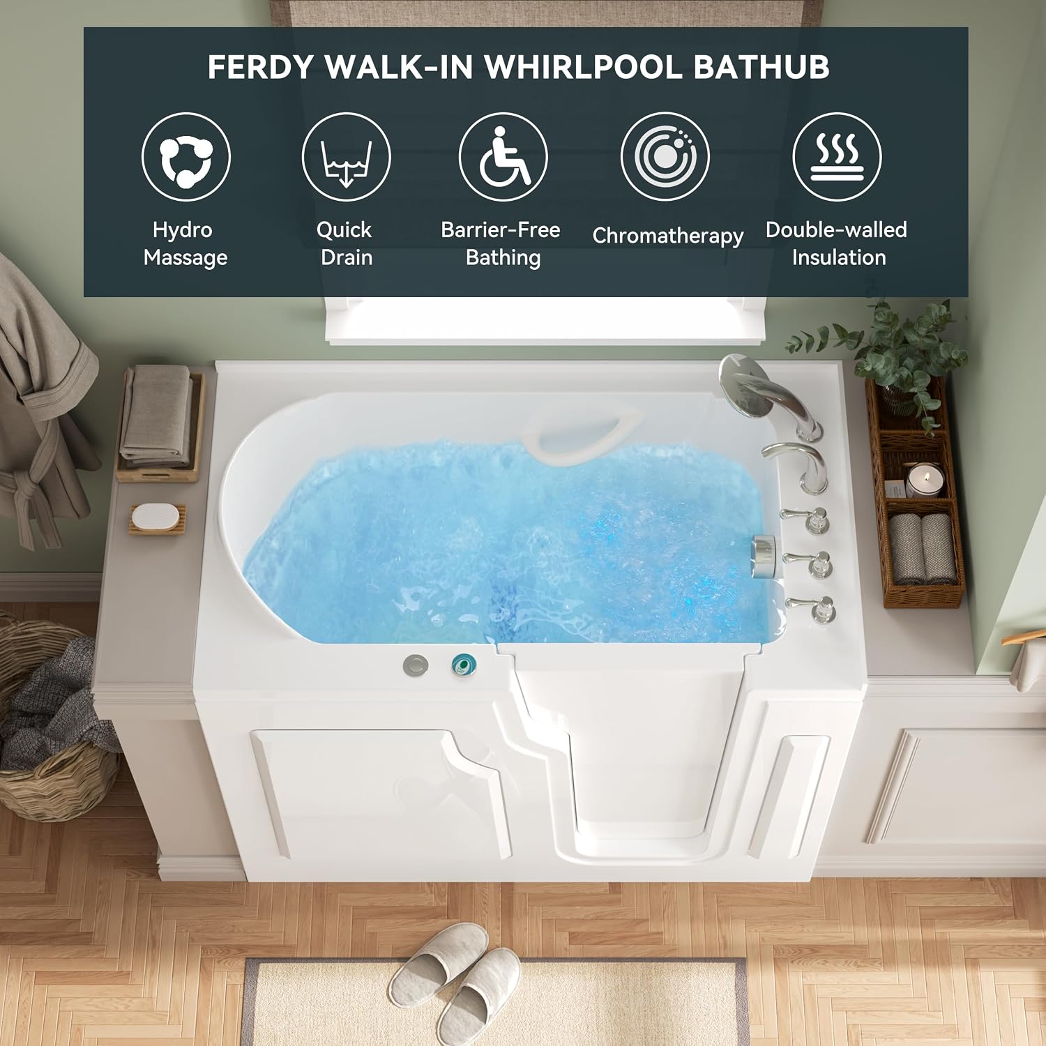 FerdY 55' x 33' Walk-in Whirlpool Bathtub with Right-Side Door Opening, 16 Air & Water Jets, Quick Fill and Drain System, Shower Combo with Rectangular Soaking Bathtub in White, Floridian