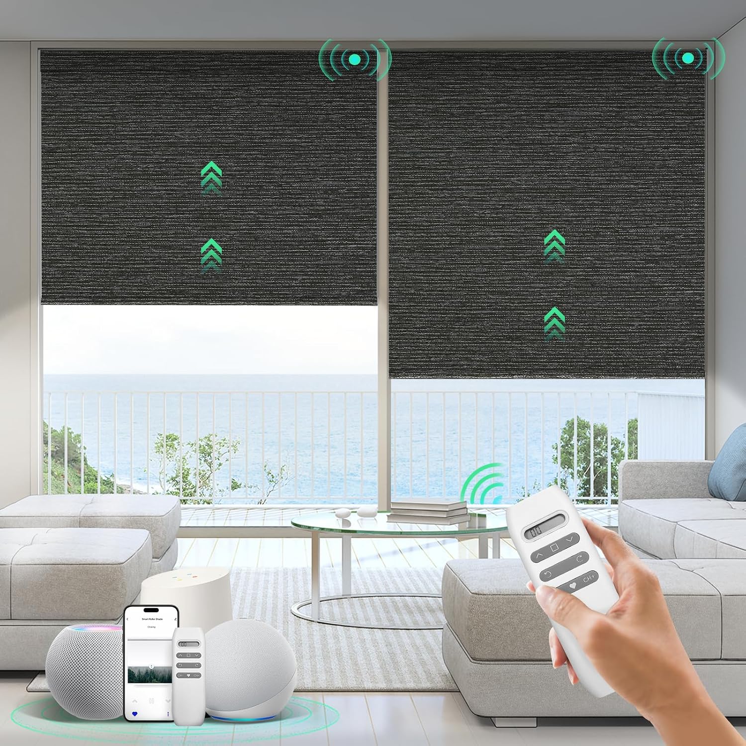 HeyBlinds Motorized Blinds with Remote, 100% Blackout Smart Blinds, Automatic Shades for Windows Compatible with Alexa Google and Homekit, Custom Size(Light Chaser-Anthracite BO)