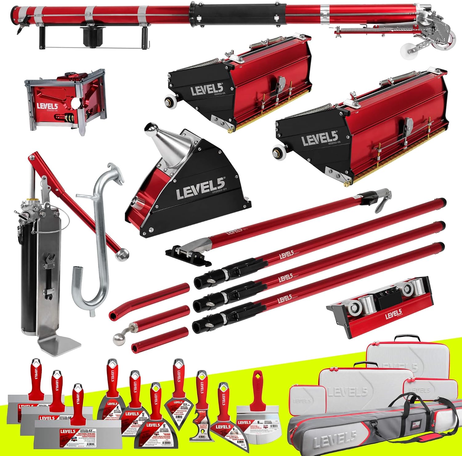 LEVEL5 Full Taping Set w/ 10/12' Mega Boxes | Automatic Taper, 3' Corner Finisher, Corner Roller, 7' Corner Applicator and Ext. Handles | Sheetrock Gyprock Wallboard | 4-607