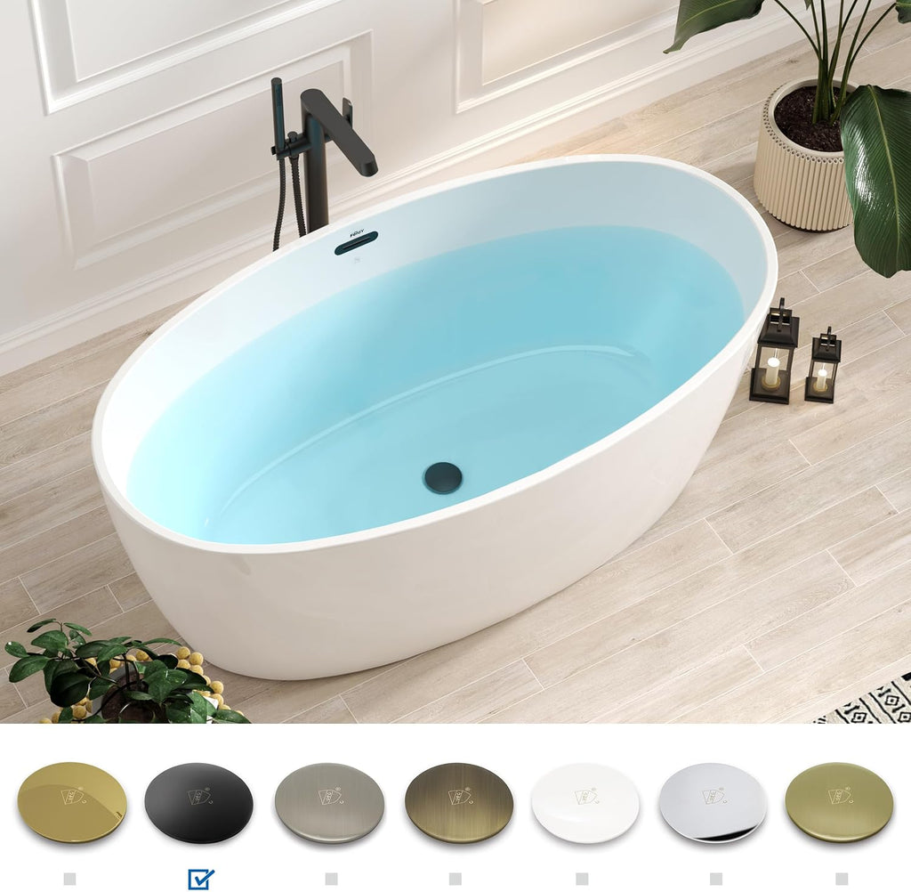 FerdY 59' Acrylic Freestanding Bathtub, Contemporary Soaking tub with Matte Black Drain & Overflow, cUPC Certified, Elegant Oval Shape, Tahiti