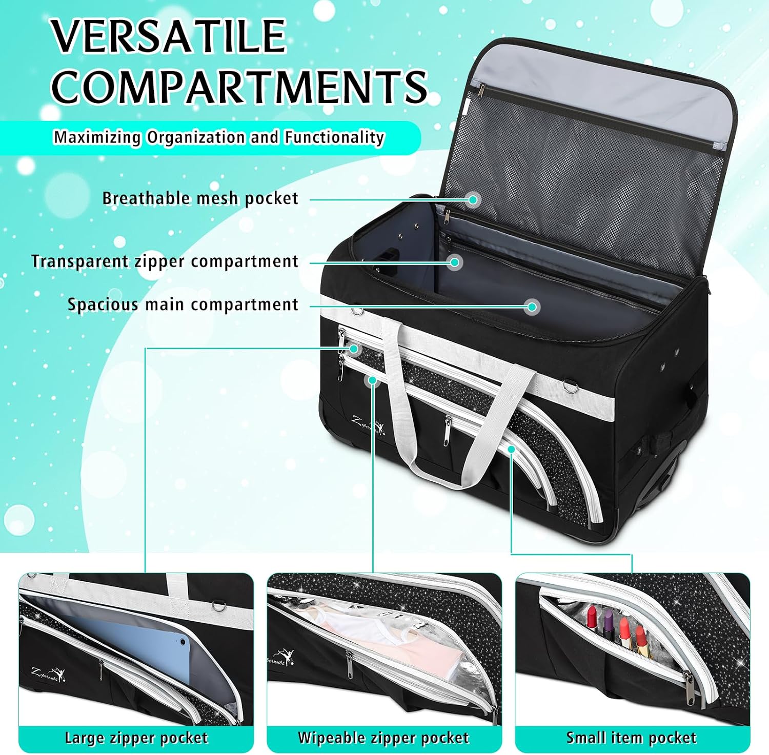 Dance Bag with Garment Rack - 28' Rolling Dance Competition Duffle Bag with Rack | Wheeled Dance Suitcase - Multiple Pockets for Dancers Cheerleader Athlete Travelers Livestreamer Cosplayer