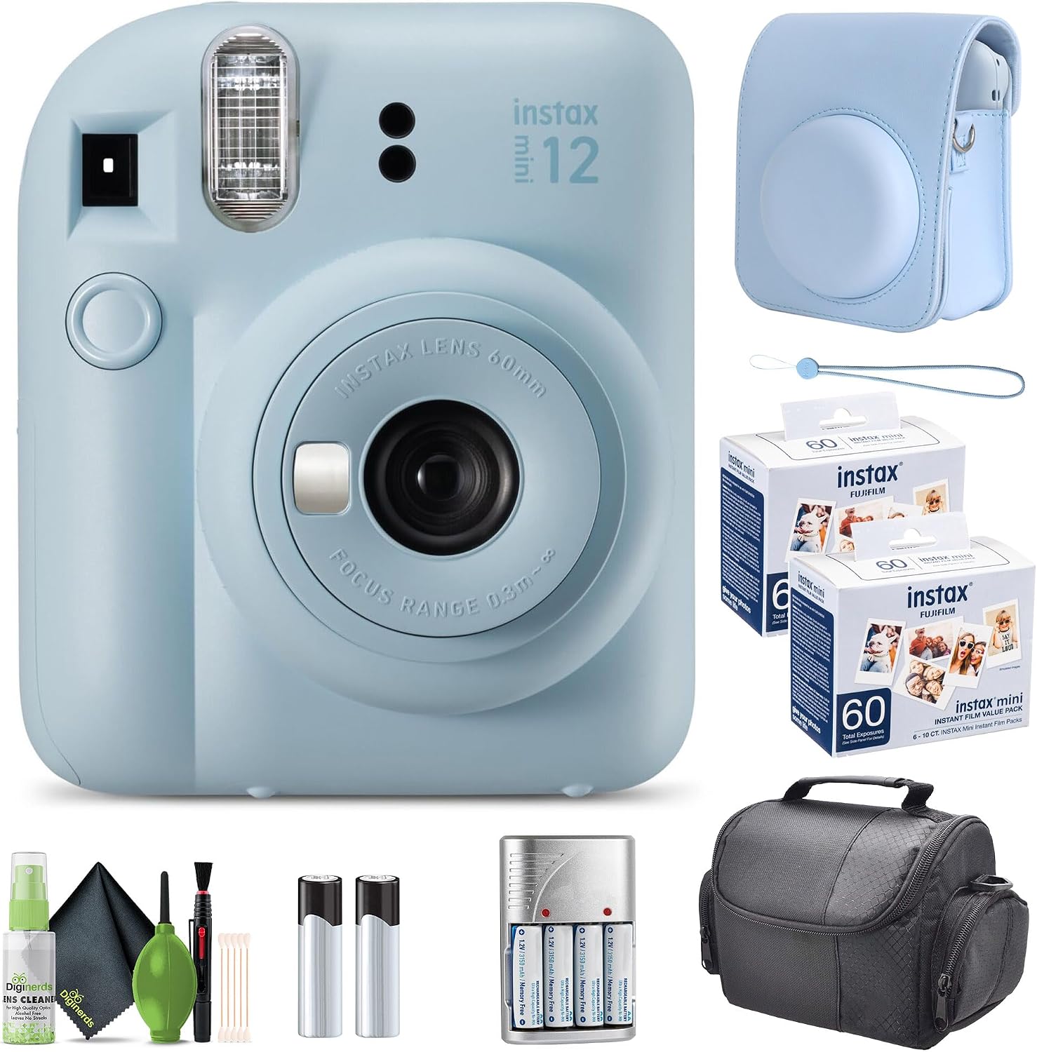 FUJIFILM INSTAX MINI 12 Film Camera Pastel Blue with Fuji Value Pack Instant Film - 60 Photo Sheets with Camera Case and Accessories Ideal Gift for Kids, Teenage Girl & Adults
