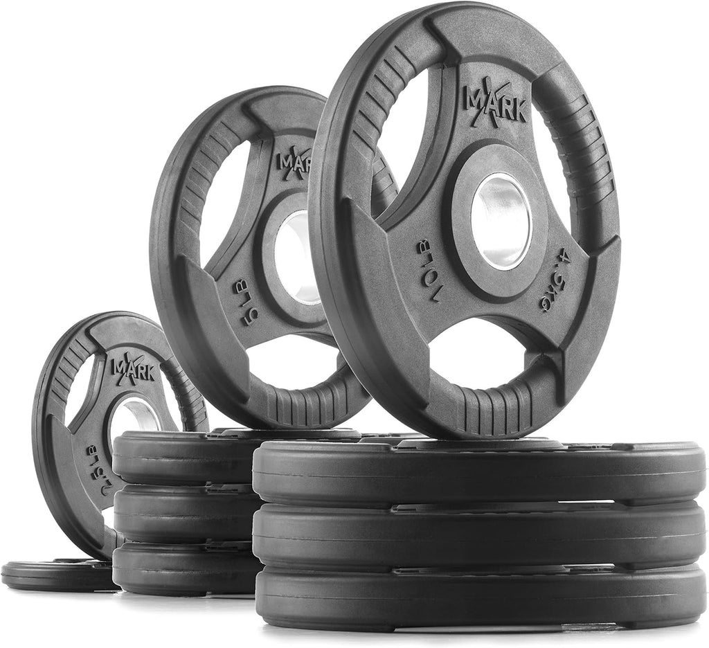 XMARK TRI-GRIP Pair or Set of Olympic Weight Plates, Rubber Coated Exercise Weights for Olympic Barbell, Strength Training Weight Set for Home Gym