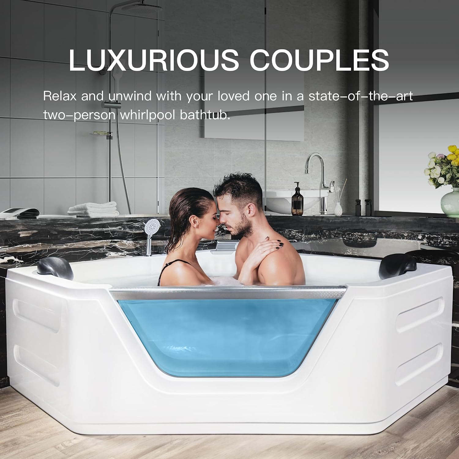 Corner Bathtub - 59'Jetted Soaking Bathtub for 2 Person with 7 Color Lights - Home Spa Bath tub with 6 Jets Hydro Massage Acrylic Soaking Tub with Double Pillow Chromatherapy - ETL Certified
