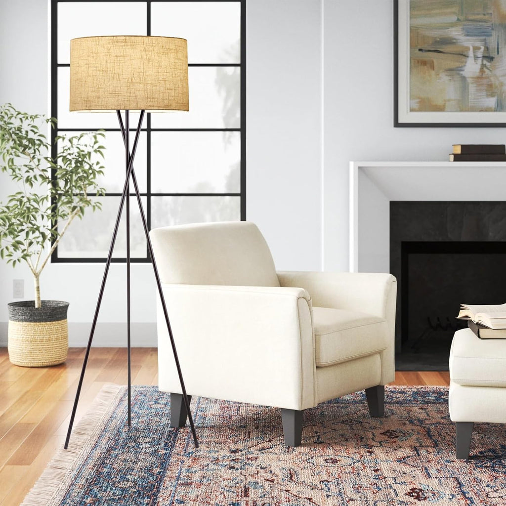 Kira Home Sadie 60' Modern Tripod Floor Lamp with Honey Beige Linen Drum Shade, Mid Century Cross-Leg Standing Light with 9W LED Bulb, Oil Rubbed Bronze Finish