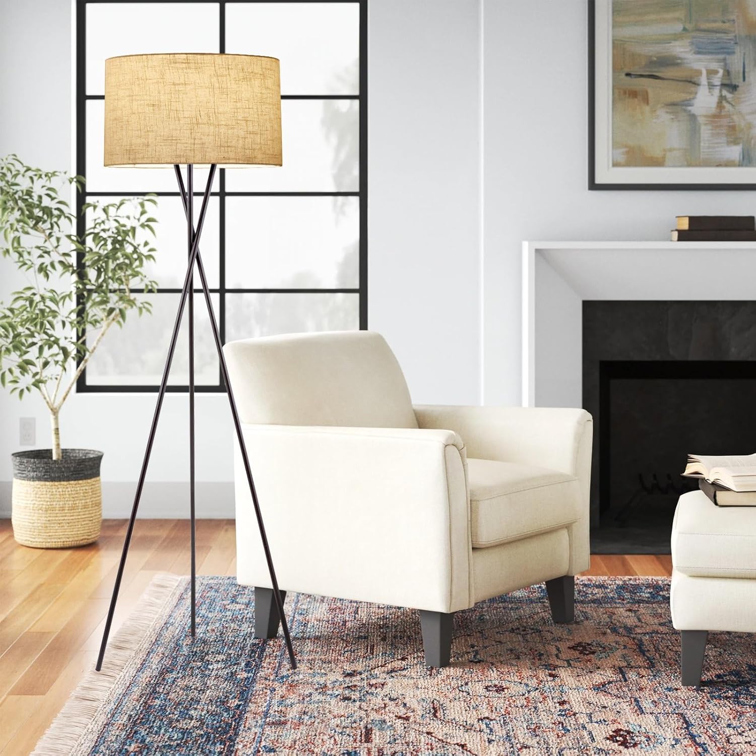 Kira Home Sadie 60' Modern Tripod Floor Lamp with Honey Beige Linen Drum Shade, Mid Century Cross-Leg Standing Light with 9W LED Bulb, Oil Rubbed Bronze Finish