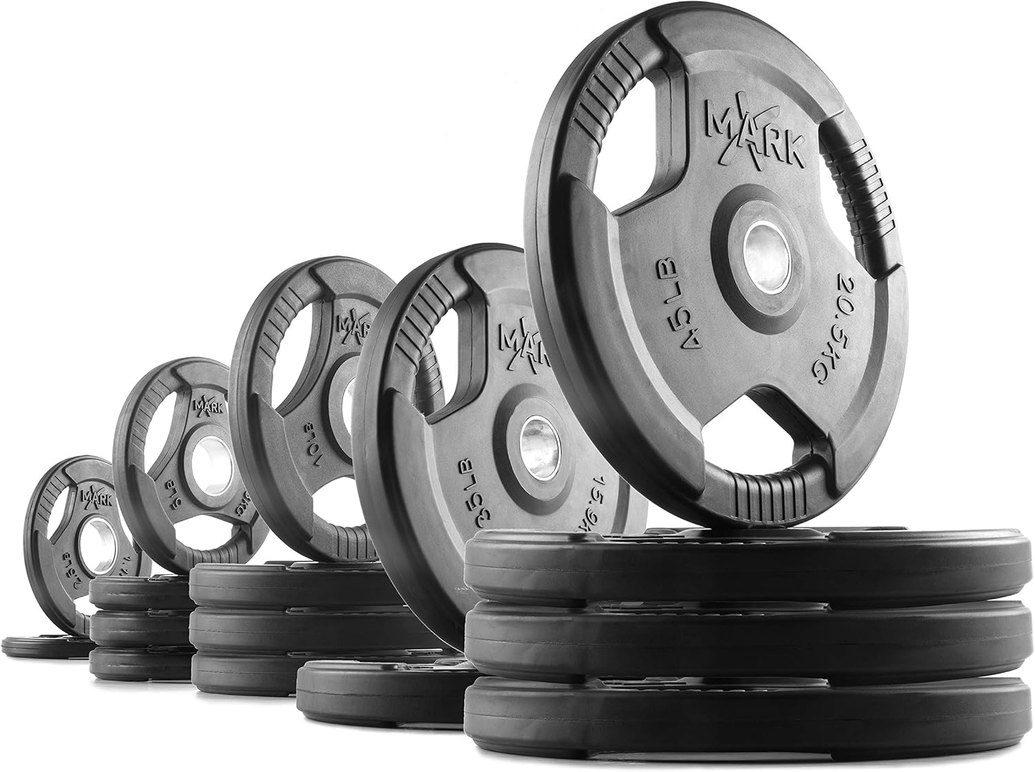XMARK TRI-GRIP Pair or Set of Olympic Weight Plates, Rubber Coated Exercise Weights for Olympic Barbell, Strength Training Weight Set for Home Gym