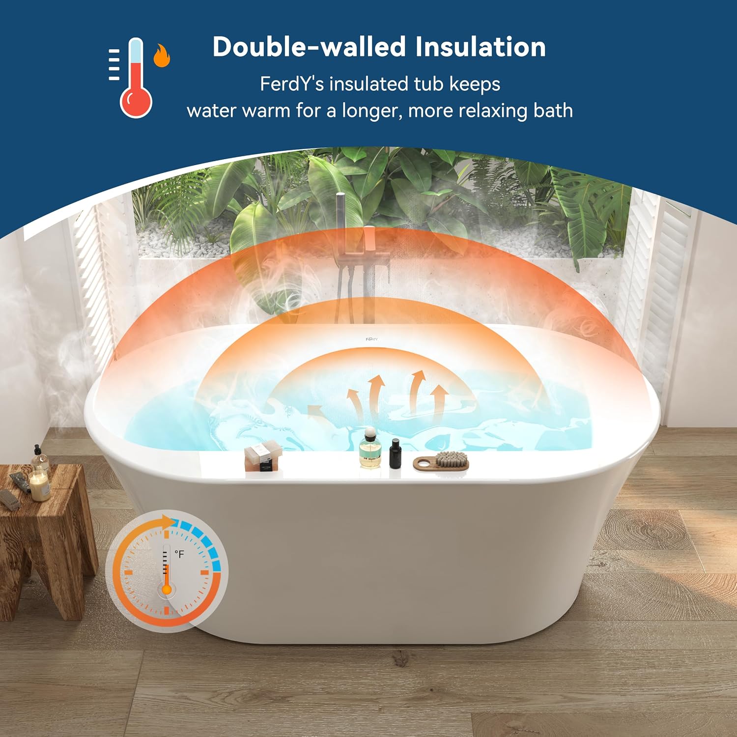 FerdY Mauritius 59' Acrylic Freestanding Tub, Oval Contemporary Soaker Tub, Extra Deep Bathtub, Gloss White Drainage and Minimalist Linear Design Overflow, Modern White, cUPC Certified