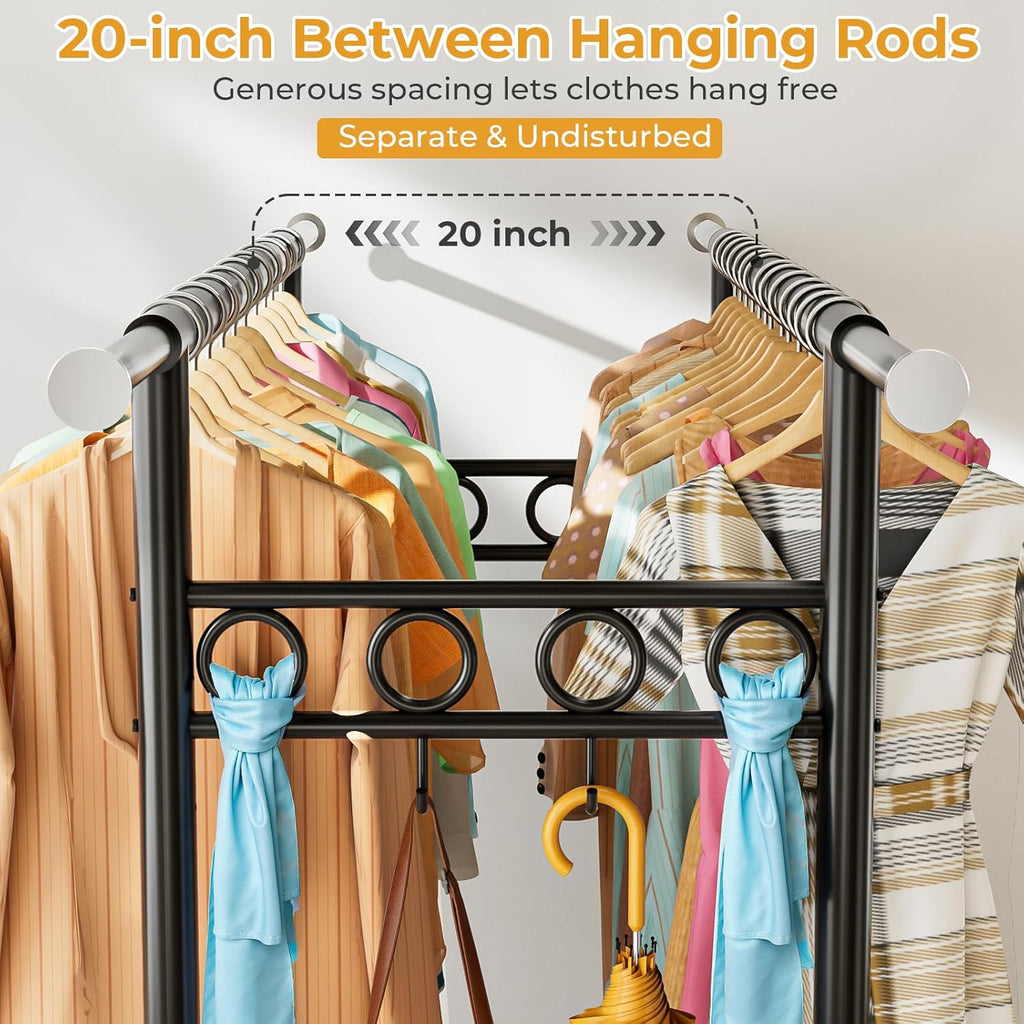Heavy Duty Clothes Rack Load 960LBS, Three Rods Rolling Clothing Racks for Hanging Clothes, Rolling Garment Rack With Sturdy Wheels Shelves Hooks, Portable & Adjustable Commercial Garment Rack, Black