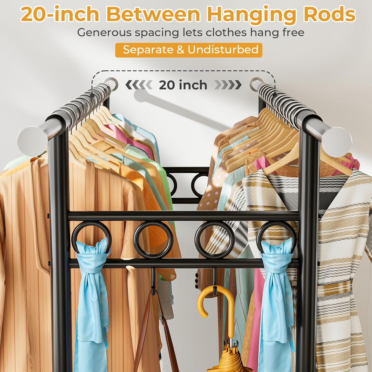 Heavy Duty Clothes Rack Load 960LBS, Three Rods Rolling Clothing Racks for Hanging Clothes, Rolling Garment Rack With Sturdy Wheels Shelves Hooks, Portable & Adjustable Commercial Garment Rack, Black