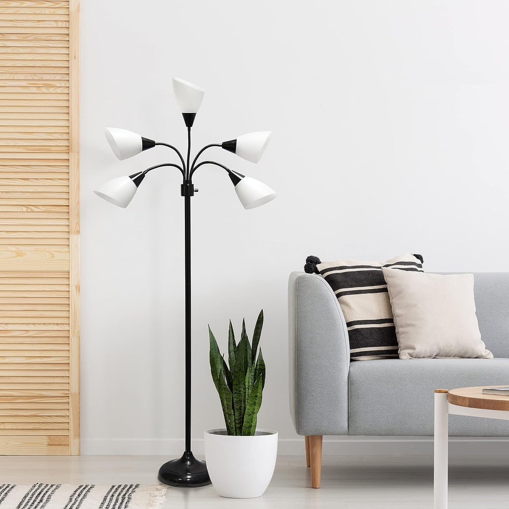 Simple Designs LF2006-BAW 67' Contemporary Multi Head Medusa 5 Light Adjustable Gooseneck Black Floor Lamp with White Shades for Kids Bedroom Playroom Living Room Office (Pack of 2)