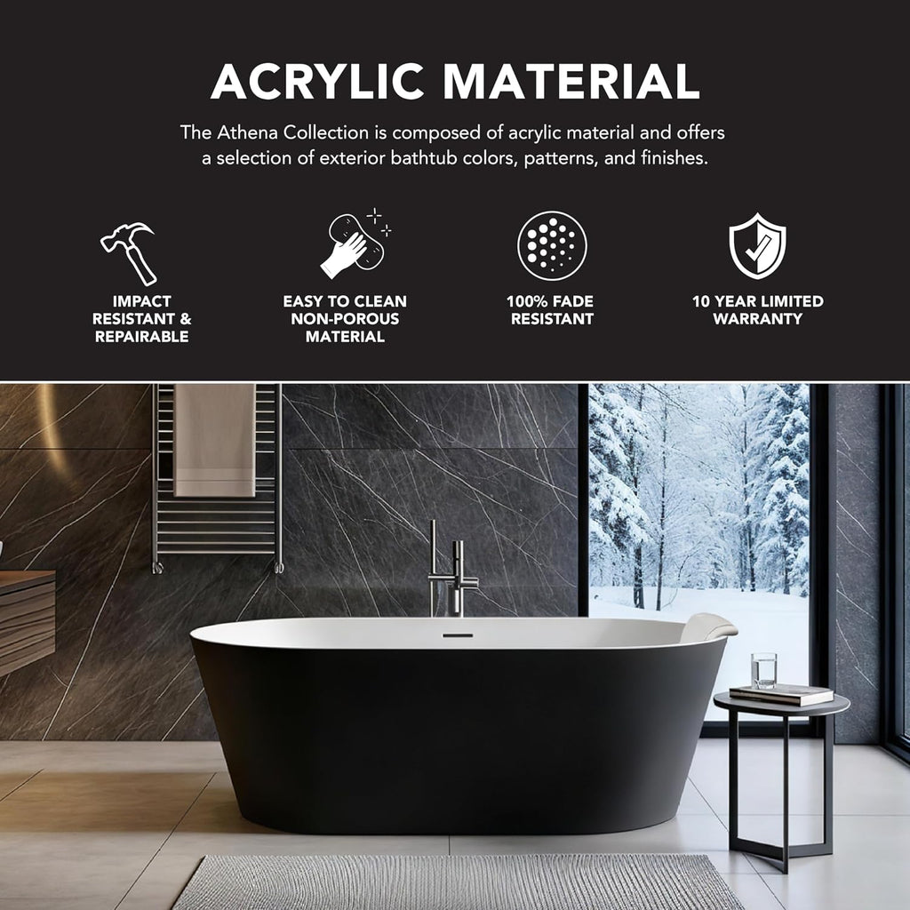 Transolid Maris 59 in. Freestanding Deep Soaking Bathtub | 31 in. Wide Acrylic Flatbottom | Center Drain | Bath Pillow Included | 23 in. Confirmed Soak Depth | Matte Black/White | K-AFTM5931-M3109