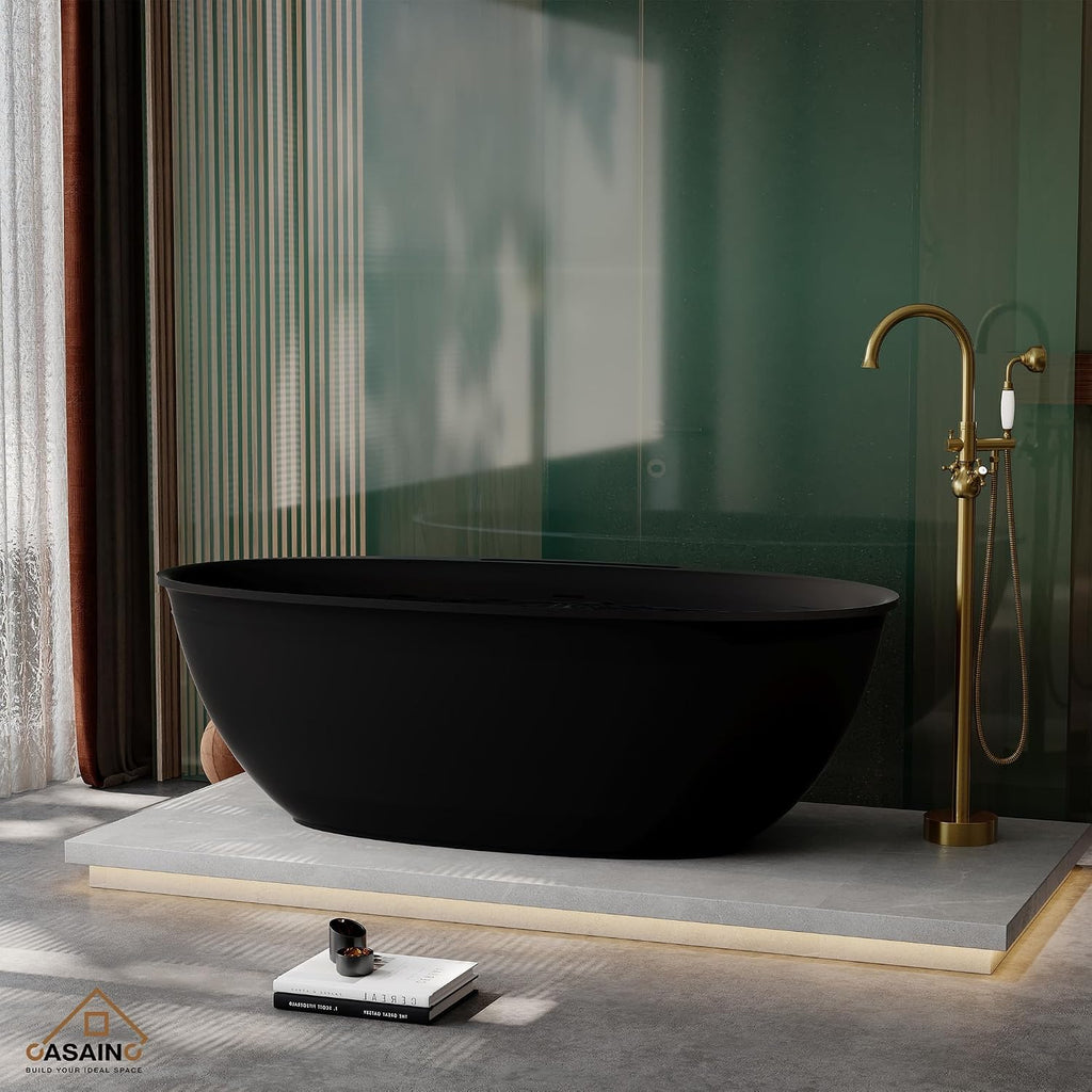 CASAINC 67' Large Space Free Standing Tub, Stone Resin Freestanding Bathtub Matte Black Solid Surface Soaking Tub with Drain, Drain Hose & Sanding Paper