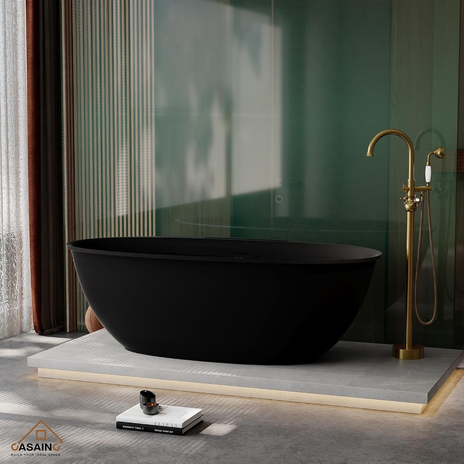 CASAINC 67' Large Space Free Standing Tub, Stone Resin Freestanding Bathtub Matte Black Solid Surface Soaking Tub with Drain, Drain Hose & Sanding Paper