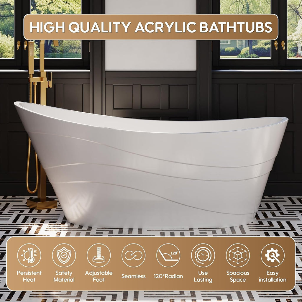 WELLFOR 67' Freestanding Acrylic Bathtub with Drain and Integrated Slotted Overflow, Soaking Bath Tub with Predrilled Overflow Holes, Soaking Bath Tub 58 Gallons Capacity, Glossy White