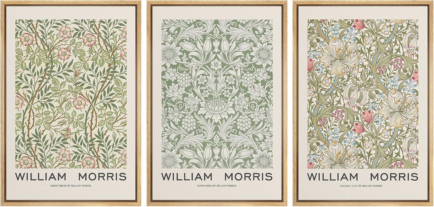 wall26 Framed Canvas Print Wall Art Set William Morris Flower Pattern Tapestries Nature Floral Illustrations Fine Art Decorative Botanical Rustic for Living Room, Bedroom, Office - 16'x24'x3 Natural