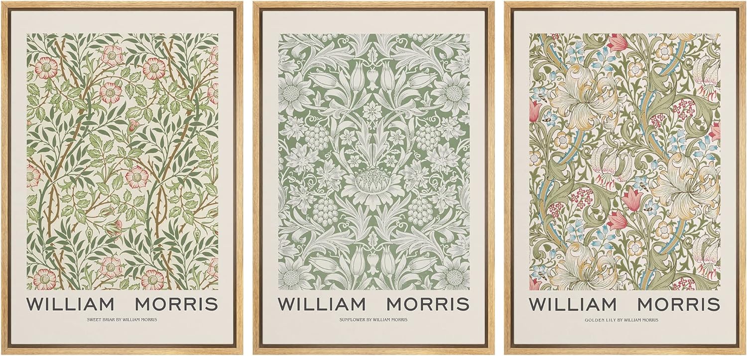 wall26 Framed Canvas Print Wall Art Set William Morris Flower Pattern Tapestries Nature Floral Illustrations Fine Art Decorative Botanical Rustic for Living Room, Bedroom, Office - 24'x36'x3 Natural