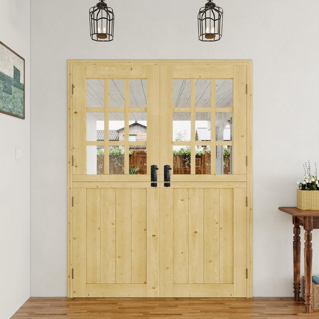 Exterior Dutch Door Slab, 60' x 80', Universal 9 Lite Panel Split Single Doors, Solid Core Home Door, Natural Pine Wood - with 8 Black Hinges & 2 Latch, Without Jamb
