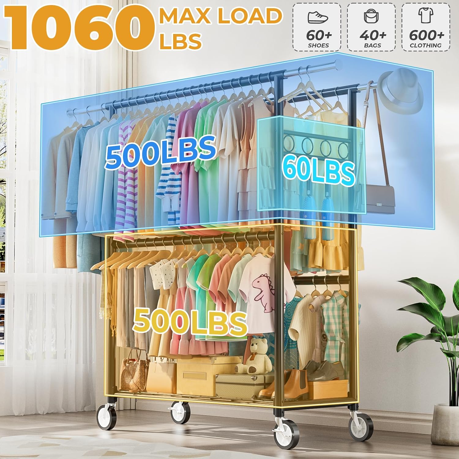 Heavy Duty Clothes Rack Load 1060LBS, Four Rods Rolling Clothing Racks for Hanging Clothes, Rolling Garment Rack With Sturdy Wheels Shelves Hooks, Portable & Adjustable Commercial Garment Rack, Black
