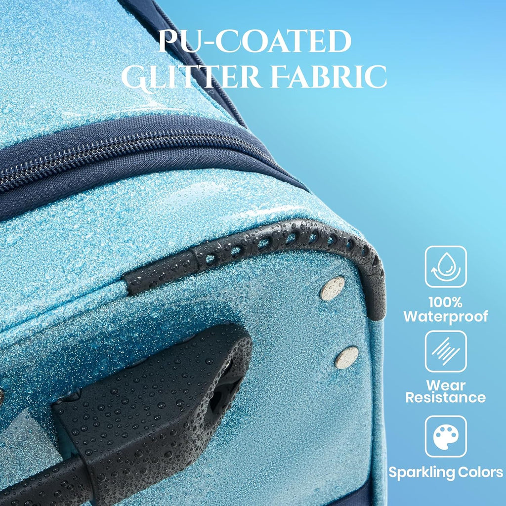 Fanwoli 23' Dance Bag with Garment Rack | Glittering Waterproof Fabric | Shine-Bright Collection | Ideal Competition Rolling Duffle Bag for Dancer Cheerleader Little Princess | Sparkle Blue