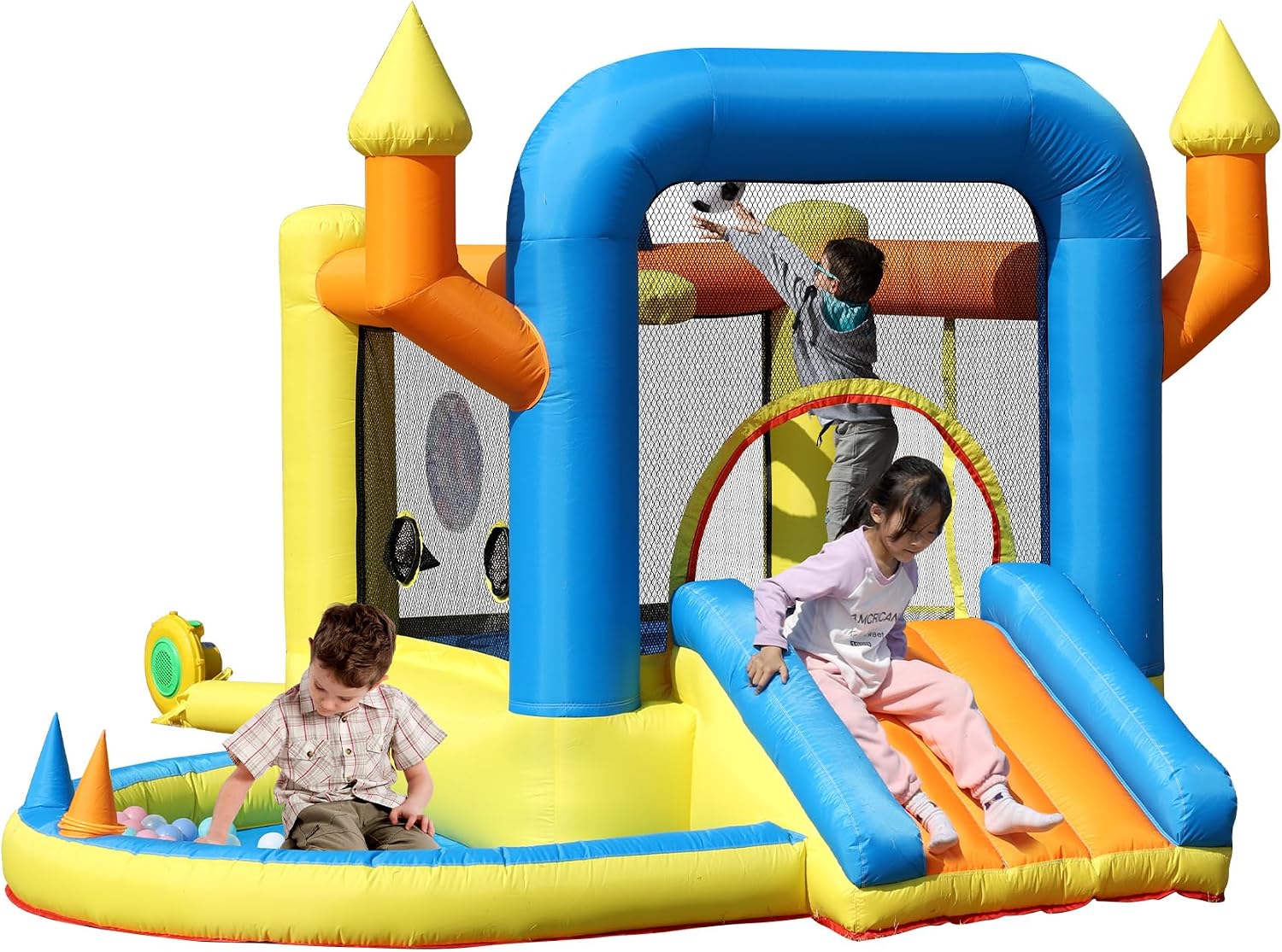 Inflatable Bounce House for Kids Ages 3-8,9.35FT Bouncy House for Kids with Jumping Area, Basketball Hoop, 370W Air Blower, Mini Bounce House for Boys Girls Backyard Birthday Party Gifts