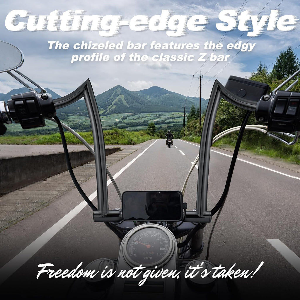 MoKitDora 14' Rise Ape Hanger 1-1/4' Fat 1' Clamp Chizeled Handlebar Z Bar for Harley Dyna Softail Sportster XL 883/1200, 1994-up Road King & 1998-2013 Road Glide, Black