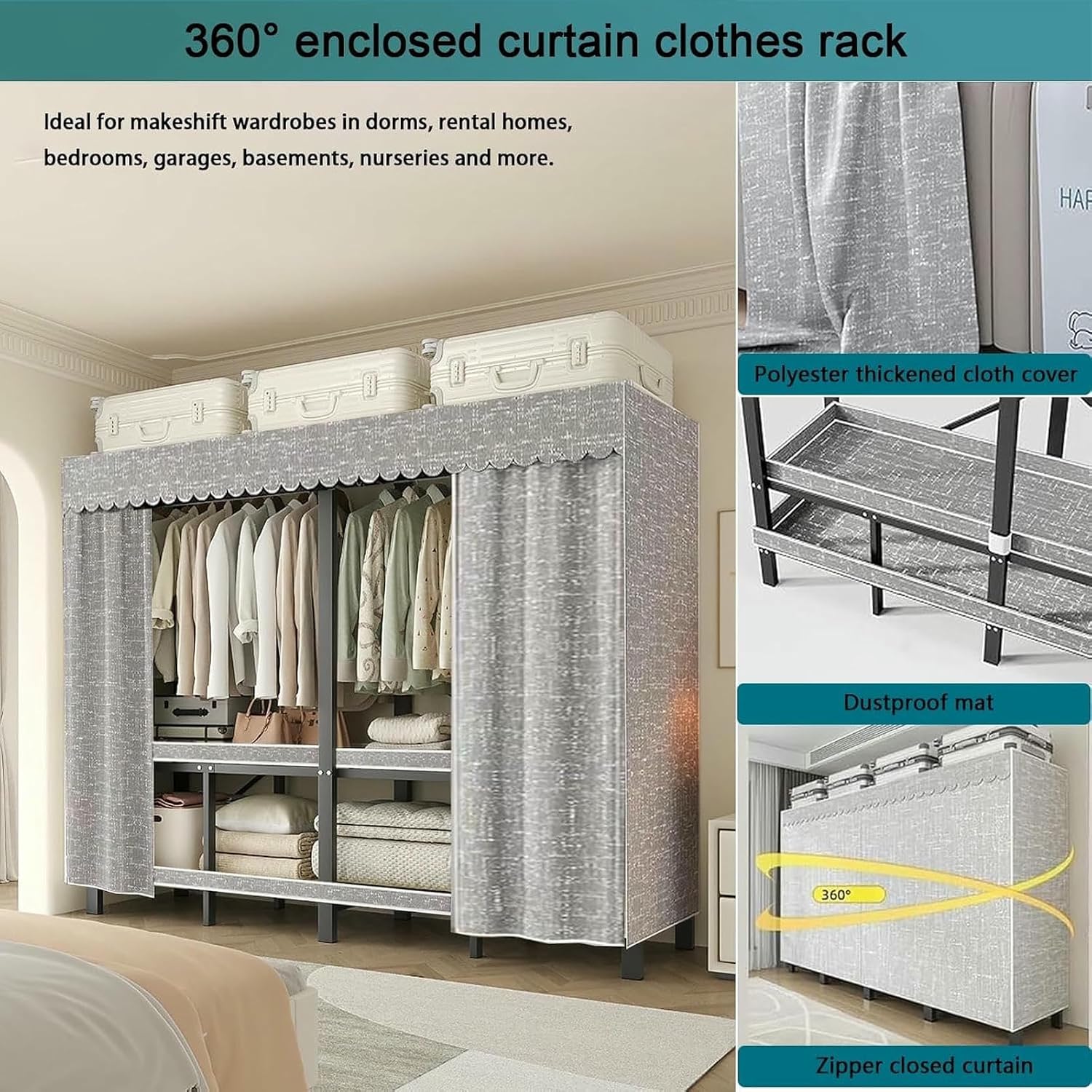 Heavy Duty Metal Clothing Rack with Cover Foldable Covered Clothes Rack with 2 Hanging Rods Garment Rack Wardrobe Clothes Organizer