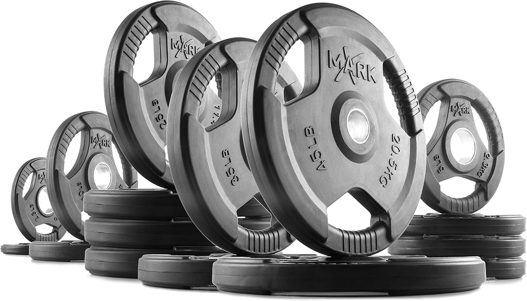 XMARK TRI-GRIP Pair or Set of Olympic Weight Plates, Rubber Coated Exercise Weights for Olympic Barbell, Strength Training Weight Set for Home Gym