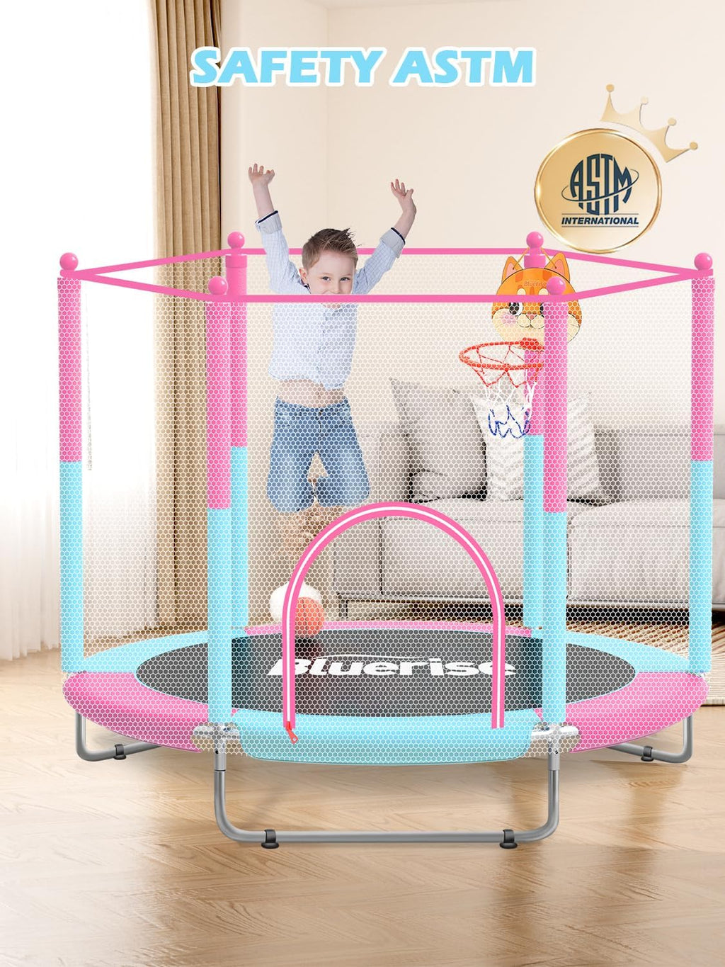 BLUERISE 60' Trampoline for Kids 5FT Toddler Trampolines Indoor/Outdoor with Adjustable Gymnastics Bar & Safety Net, No-Gap Design, Anti-Rollover Bottom, Basketball Hoop, Gifts for Boys & Girls