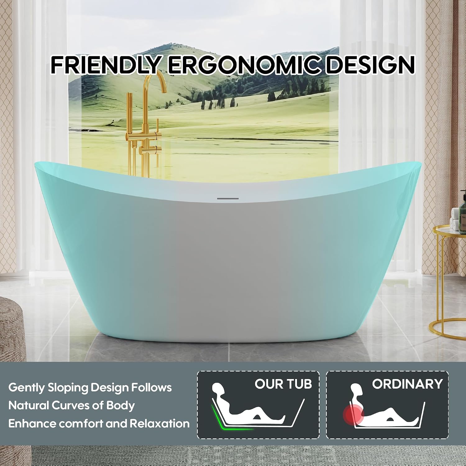WELLFOR 60' Freestanding Acrylic Bathtub with Drain and Integrated Slotted Overflow, Soaking Bath Tub with Predrilled Overflow Holes, Soaking Bath Tub 56 Gallons Capacity, Glossy White